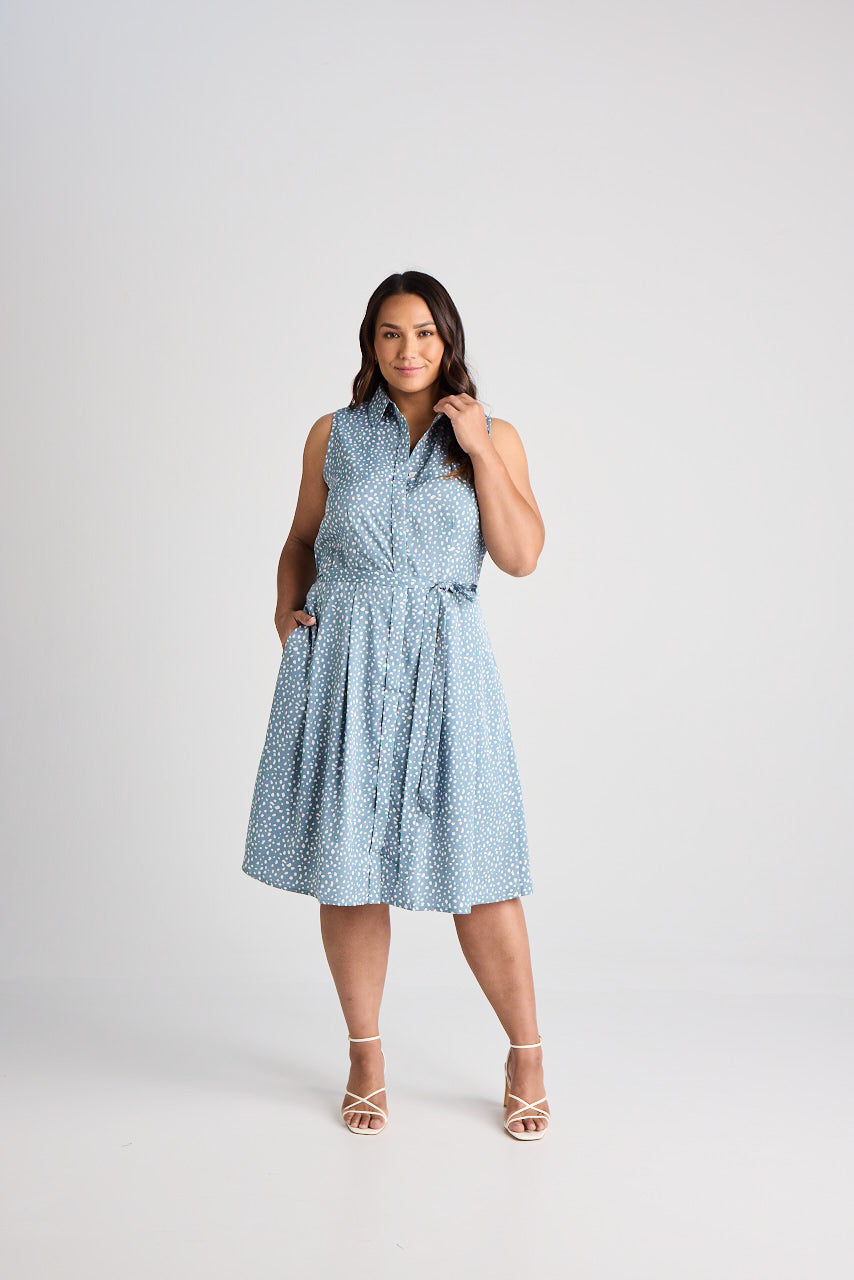 Lilli - Dress - Knee-Length - Blue & White - Silk
