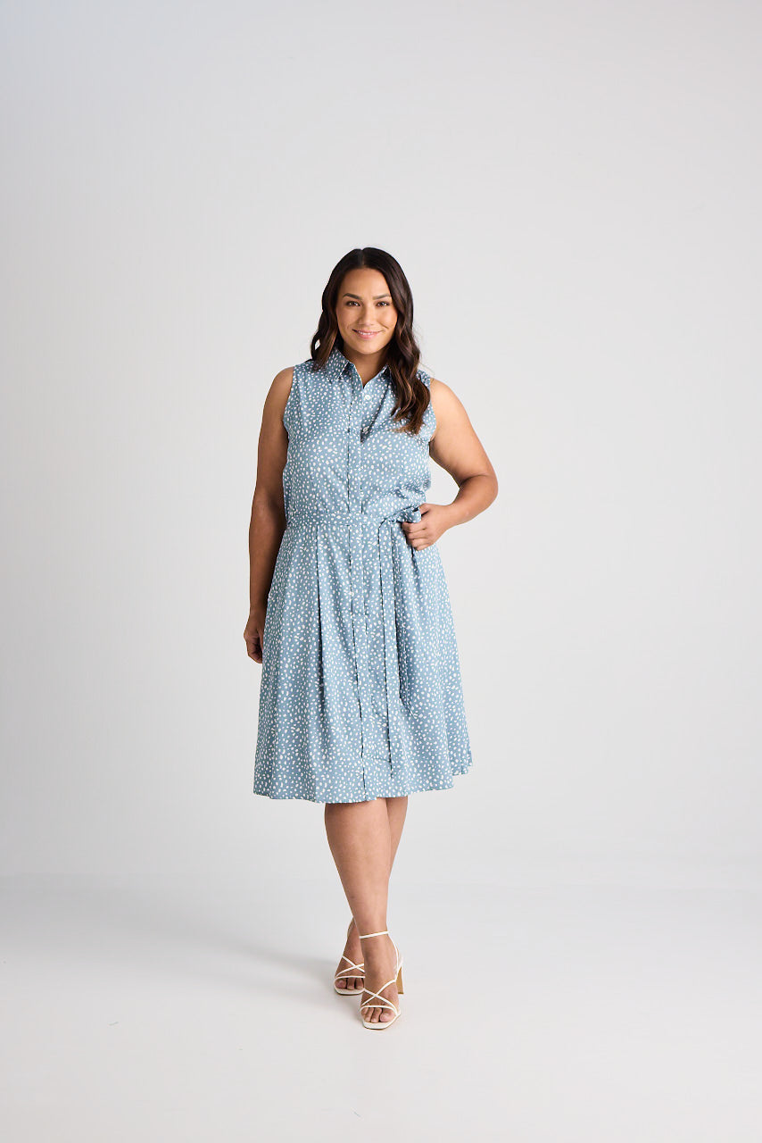 Lilli - Dress - Knee-Length - Blue & White - Silk