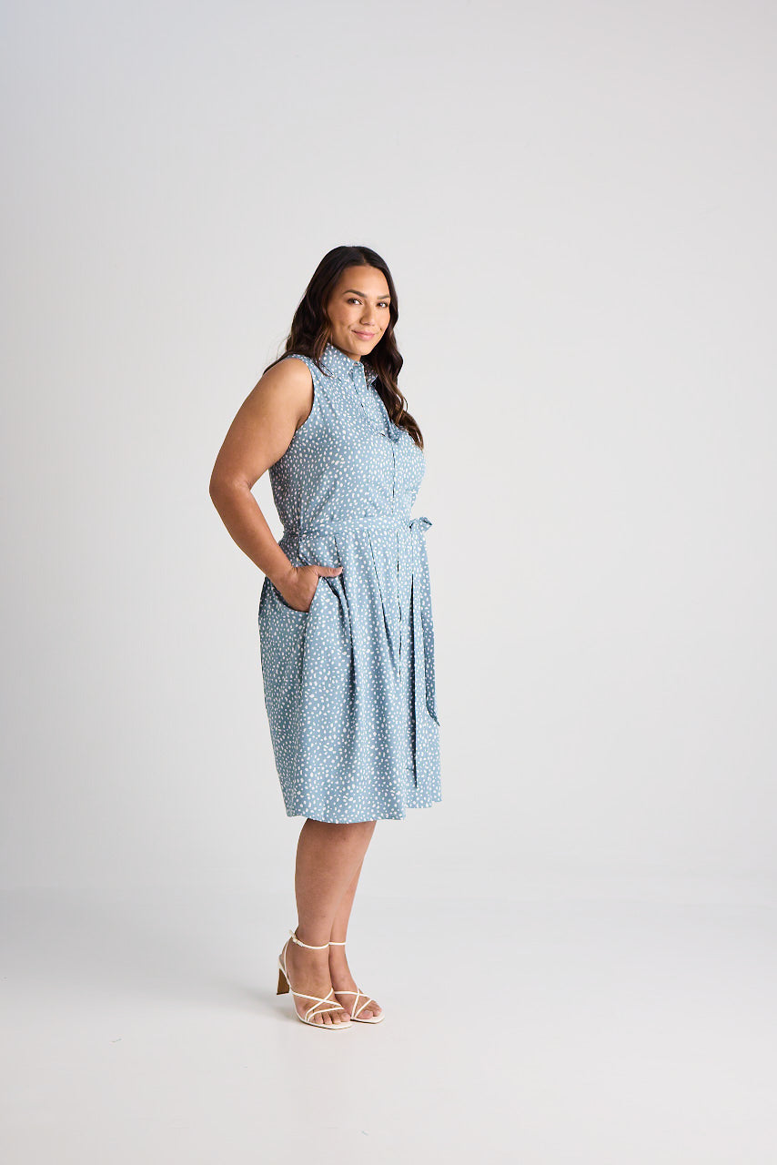 Lilli - Dress - Knee-Length - Blue & White - Silk