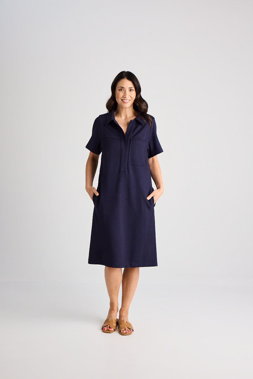 Jacqui knee-length cotton jersey dress in navy
