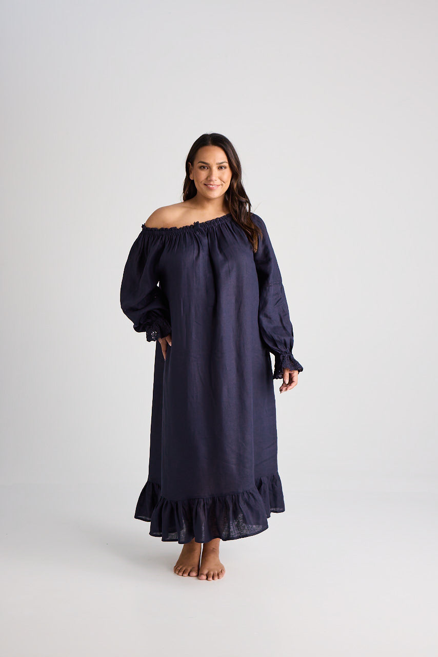 Kareena Nightgown - Linen - Navy
