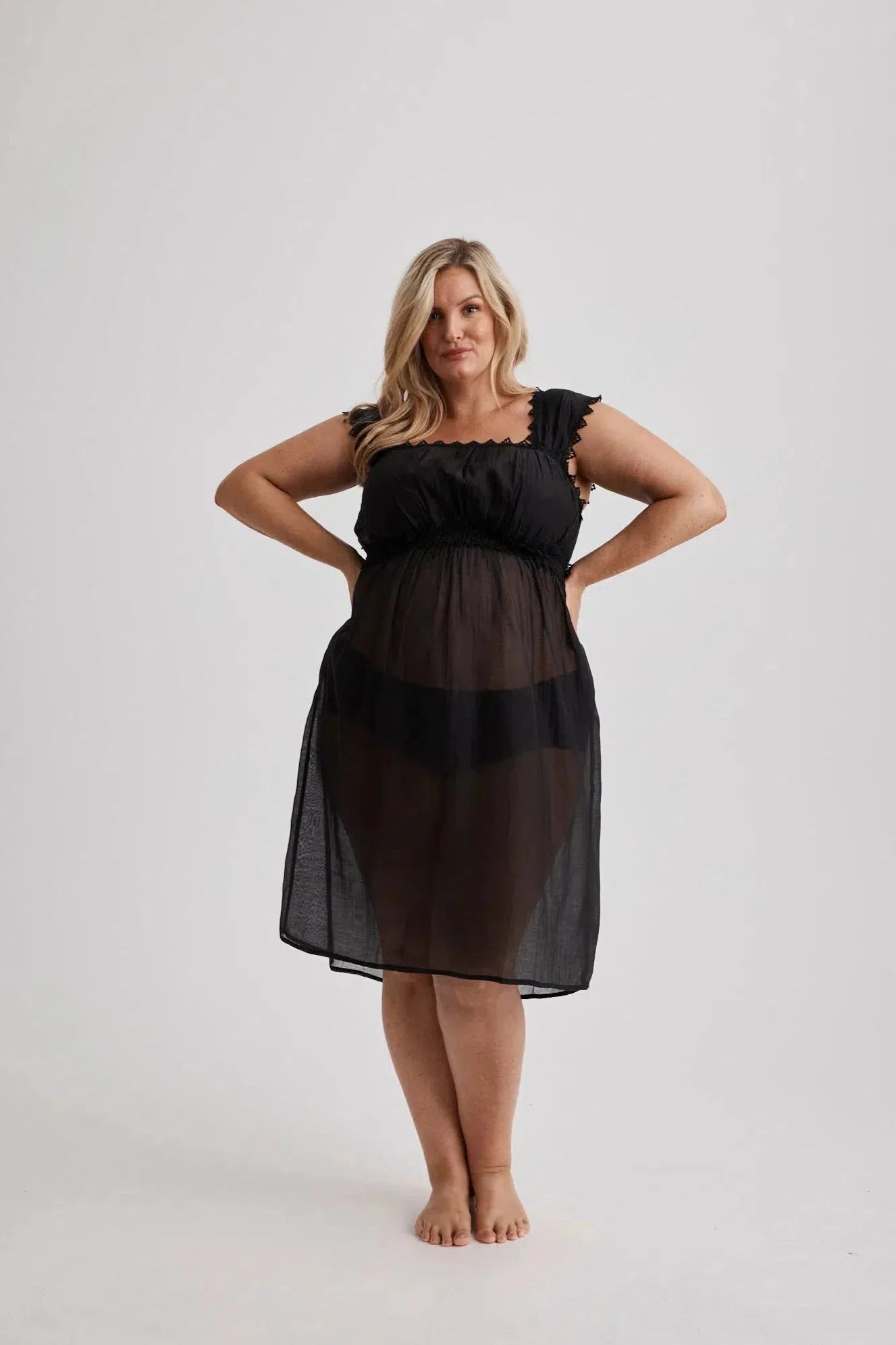 Grace - Nightgown - Knee length - Cotton Silk - Black-Nightdress | XS- | Hank & Hera