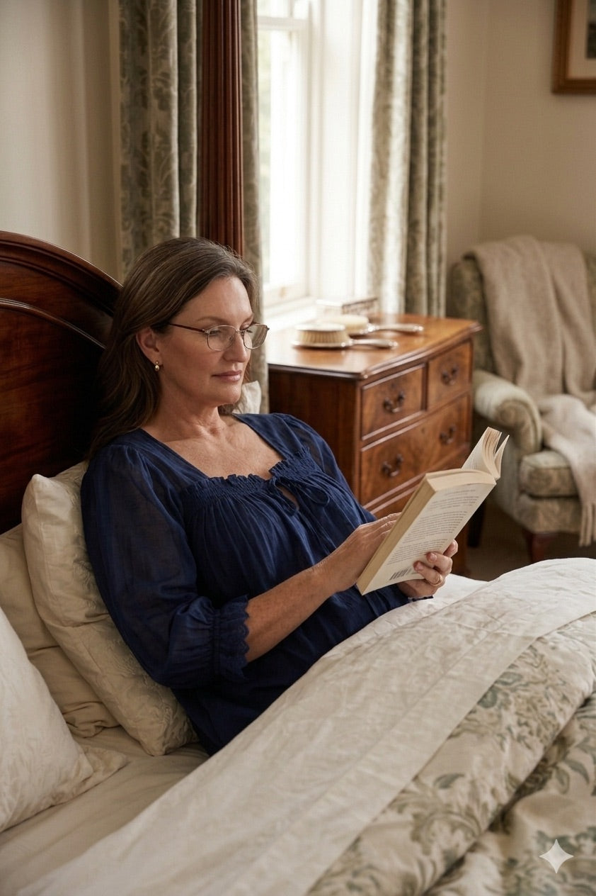 Woman wearing Barbara cotton long-sleeve nightgown in Navy, sizes AU 4-34, soft and comfortable for sleep and recovery.