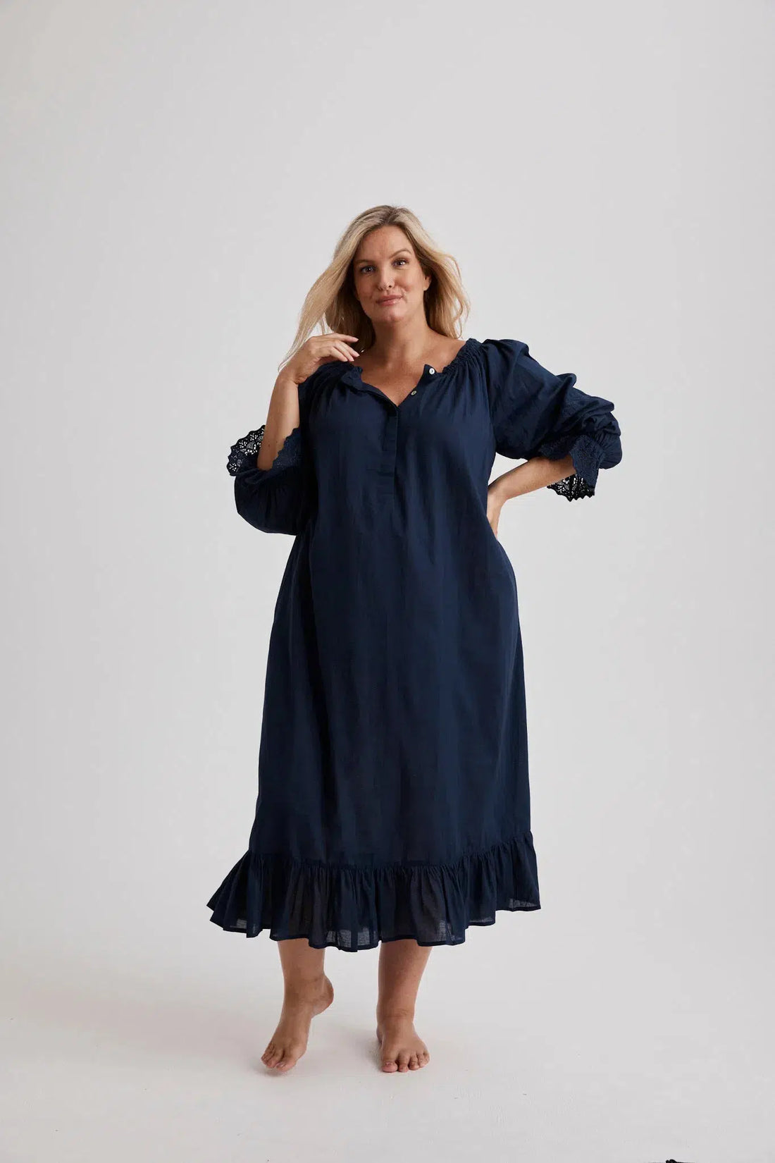 Kareena - Nightgown - Long - Navy - Cotton-Nightdress | XS- | Hank & Hera