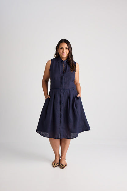 Lilli - Dress - Knee-Length - Navy - Linen