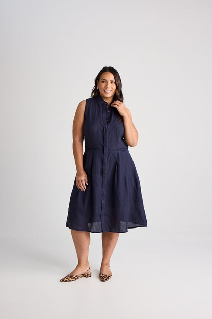 Lilli - Dress - Knee-Length - Navy - Linen