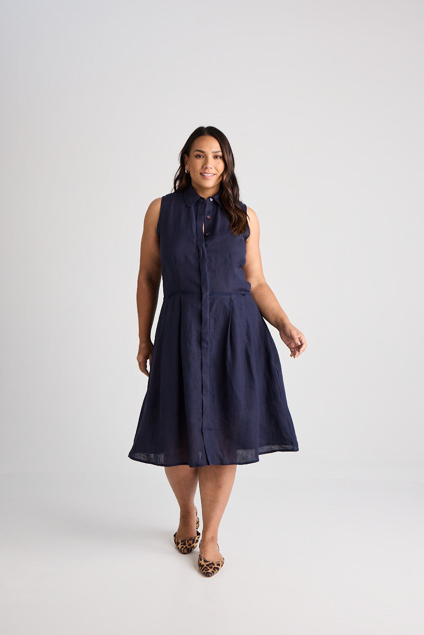 Lilli - Dress - Knee-Length - Navy - Linen