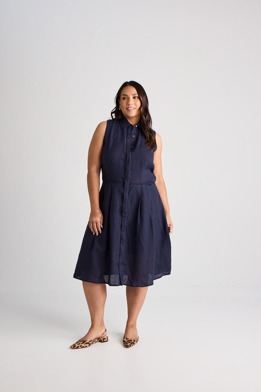 Lilli - Dress - Knee-Length - Navy - Linen