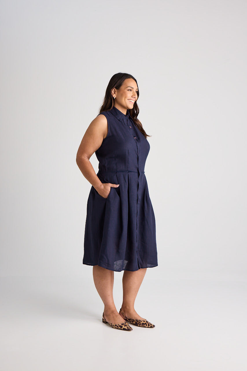 Lilli - Dress - Knee-Length - Navy - Linen