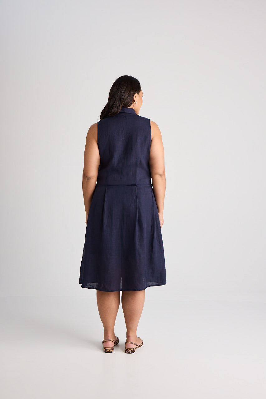 Lilli - Dress - Knee-Length - Navy - Linen