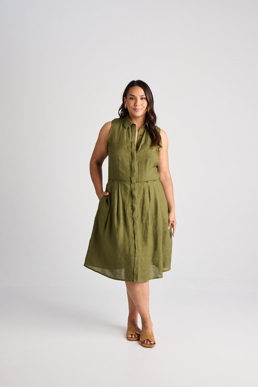 Lilli - Dress - Knee-Length - Olive - Linen