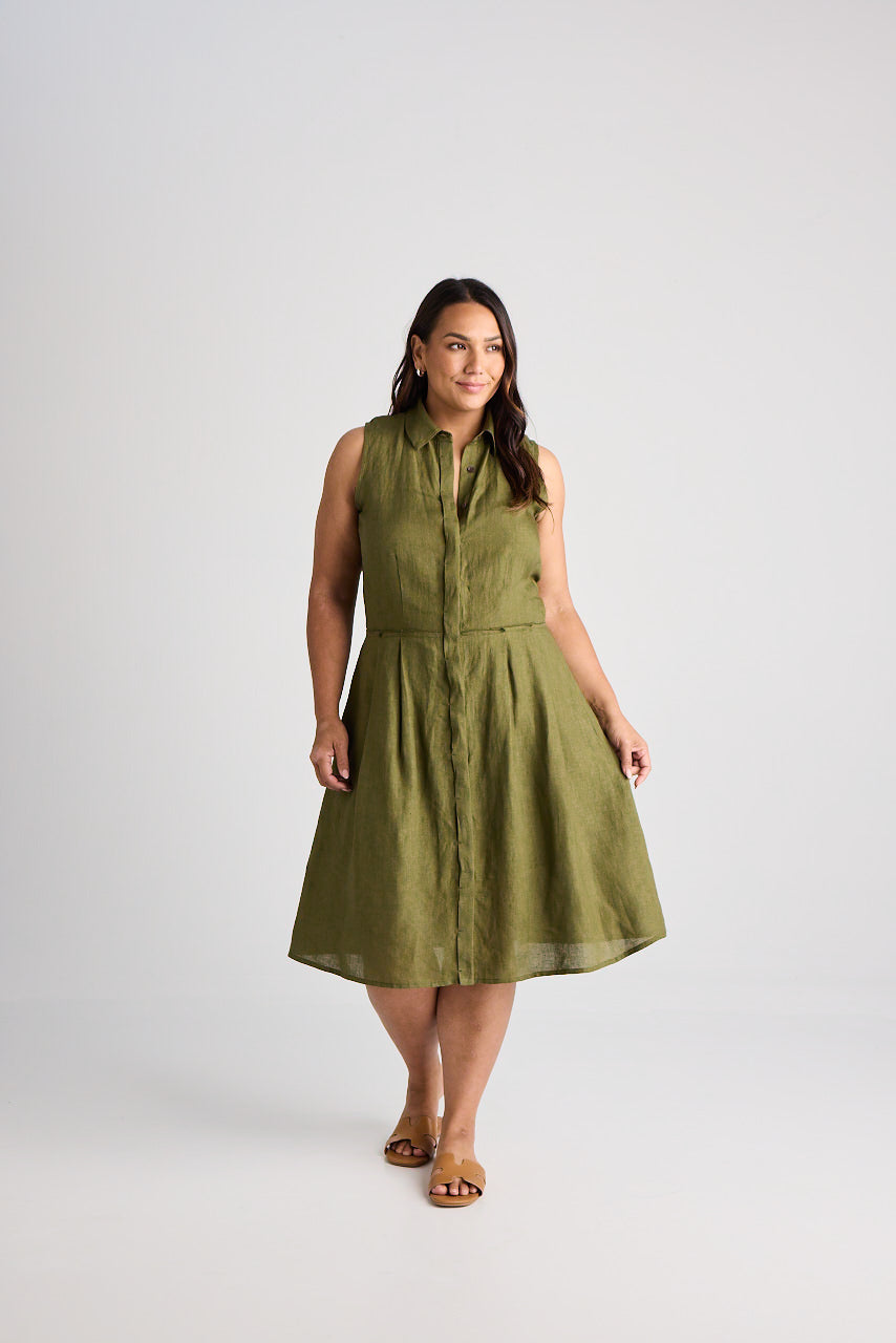 Lilli - Dress - Knee-Length - Olive - Linen