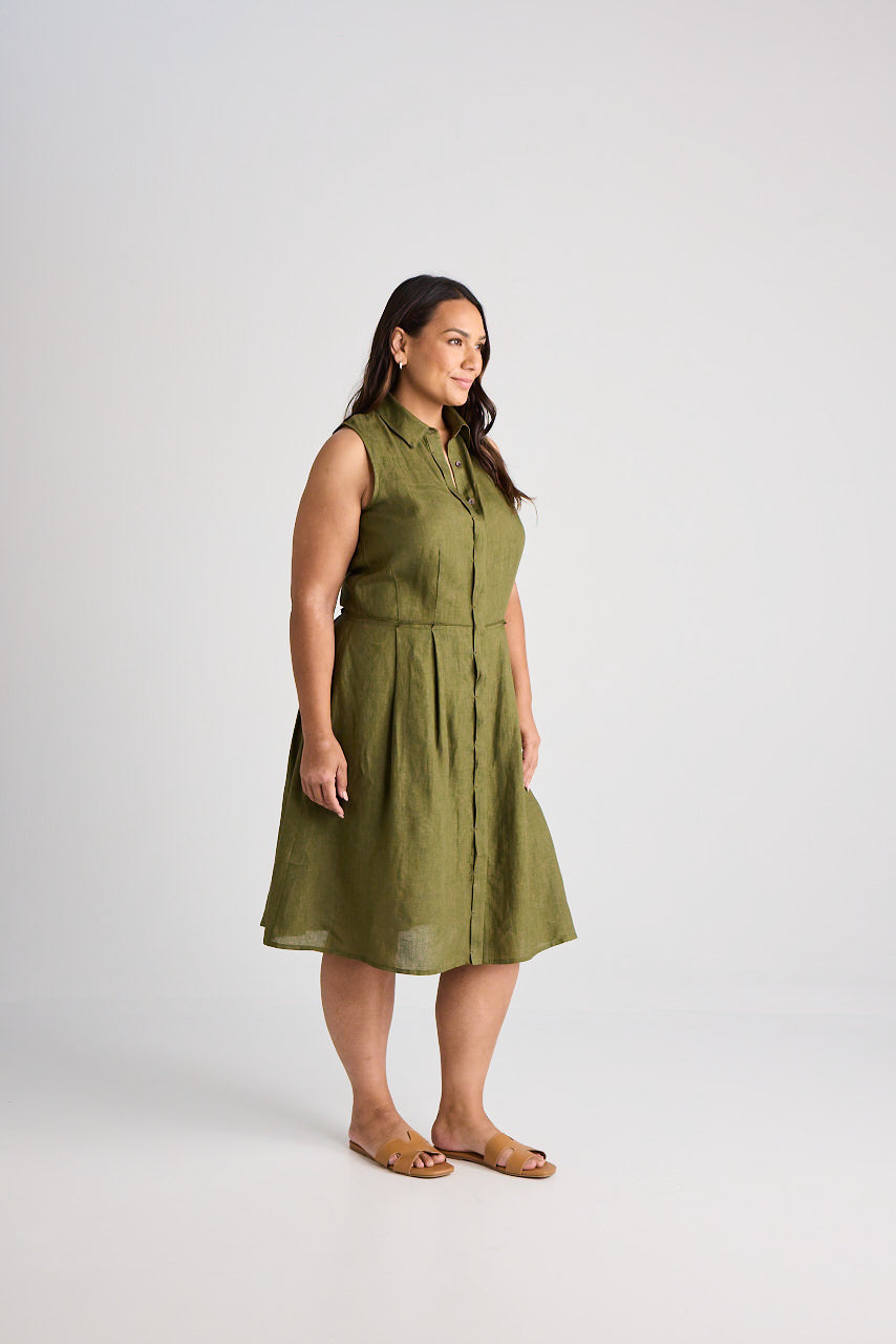 Lilli - Dress - Knee-Length - Olive - Linen