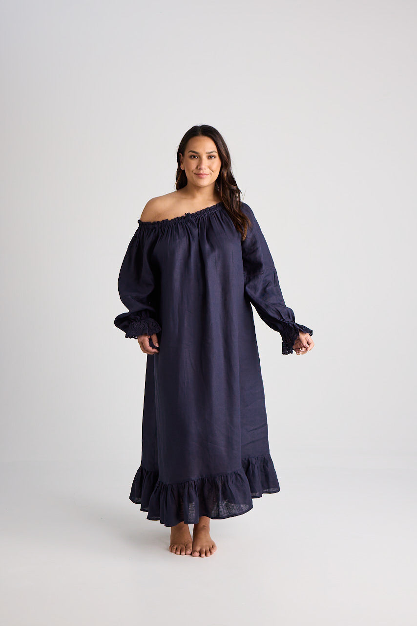 Kareena - Nightgown - Long - Navy - Linen