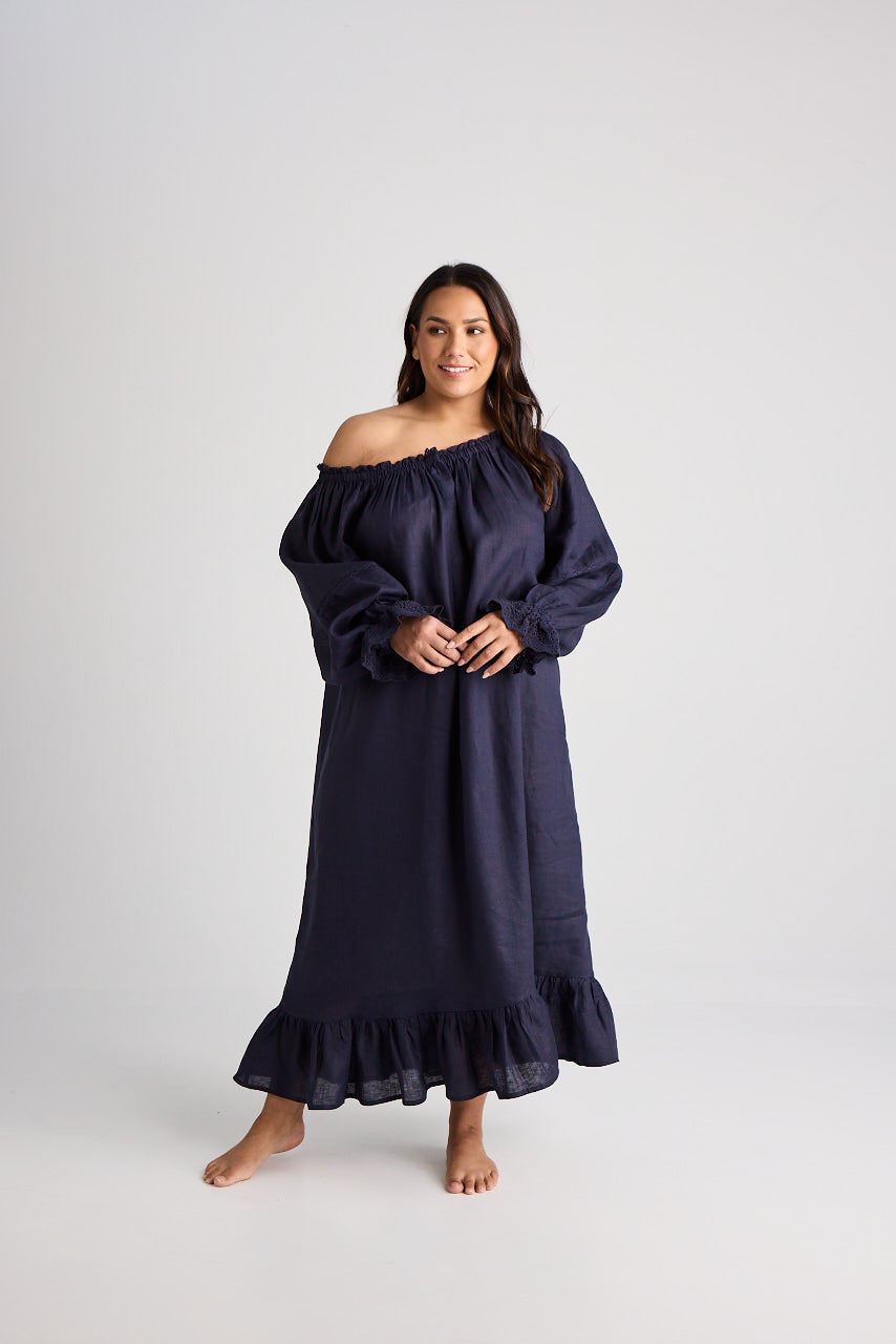 Kareena - Nightgown - Long - Navy - Linen