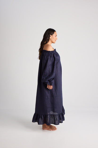 Kareena - Nightgown - Long - Navy - Linen