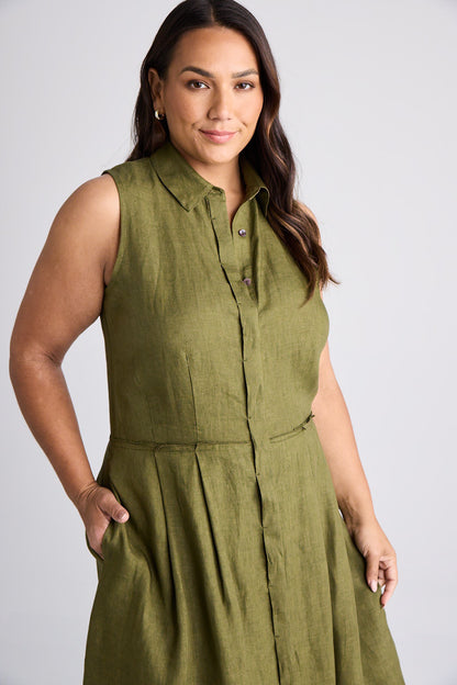 Lilli - Dress - Knee-Length - Olive - Linen