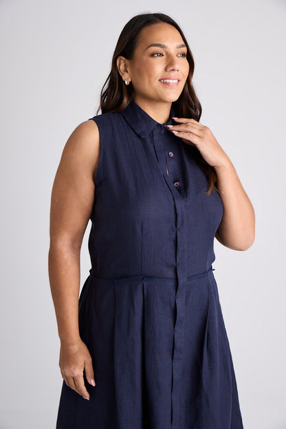 Lilli - Dress - Knee-Length - Navy - Linen