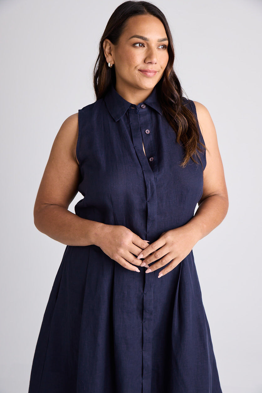 Lilli - Dress - Knee-Length - Navy - Linen