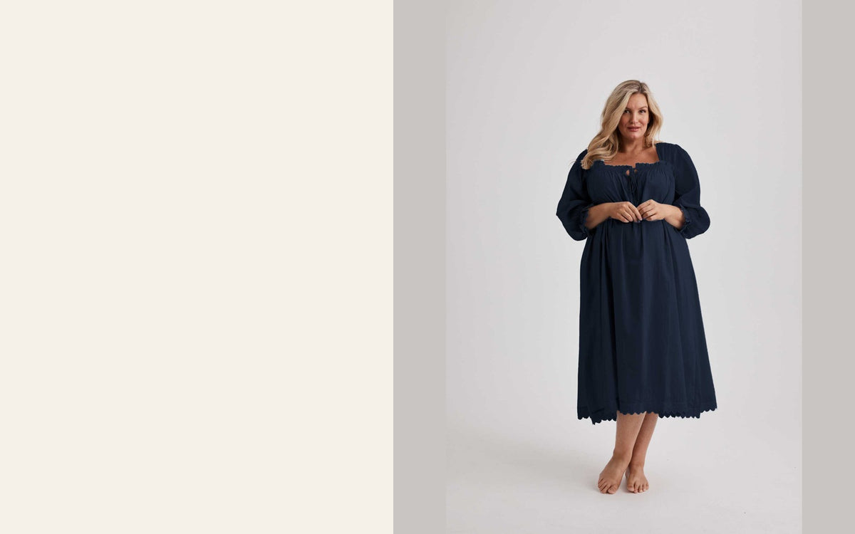 Barbara long navy nightgown — original Hank & Hera product photograph