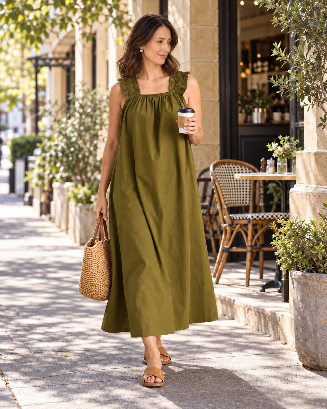 Laura long cotton dress in olive in a café setting