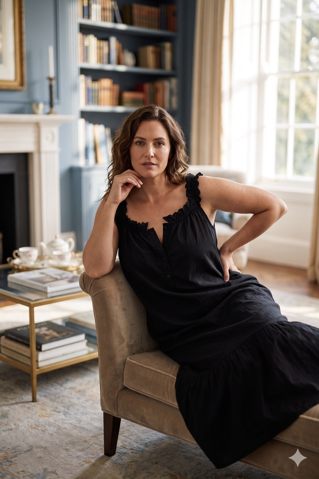 Woman wearing Lauren cotton button-front nightgown in black, sizes AU 4-34, ideal for hospital stays and recovery 