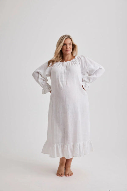 Kareena - Nightgown - Long - White - Linen-Nightdress | XS- | Hank &amp; Hera